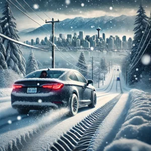 a car driving on a snowy road