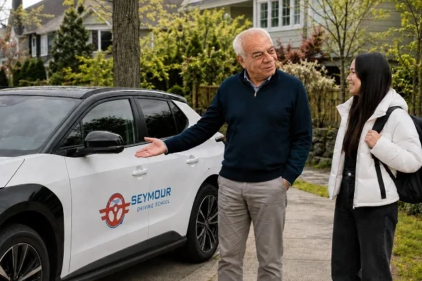 Driving instructor and student inside a car
