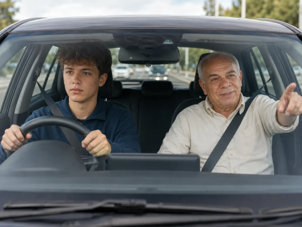 Driving instructor and student inside a car