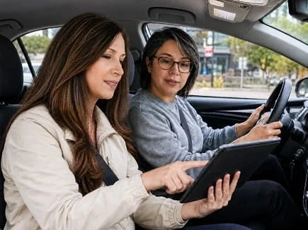 Driving instructor and student inside a car