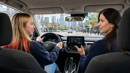 Driving instructor and student inside a car