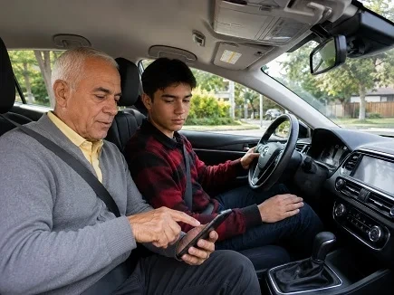 Driving instructor and student inside a car