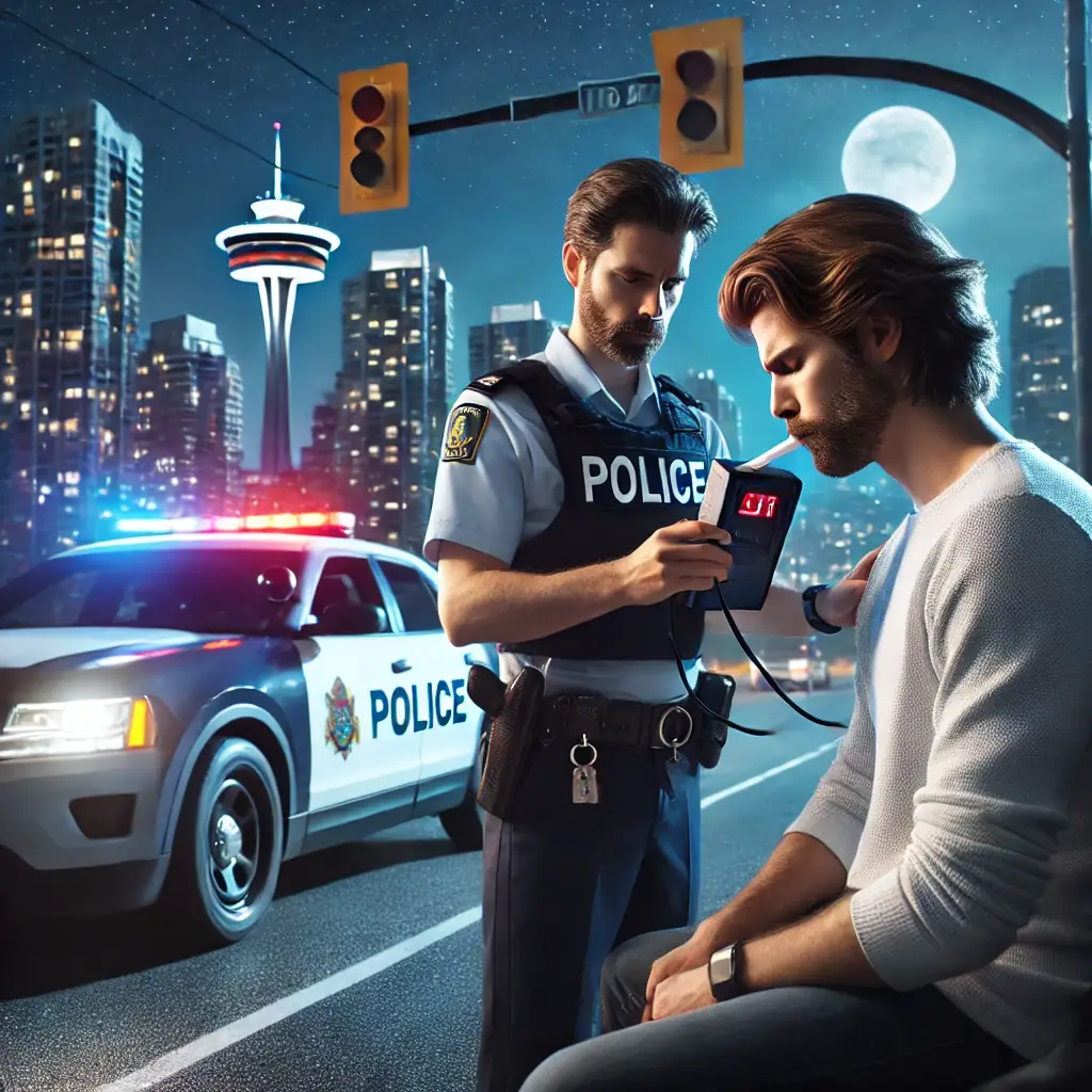 An illustration shows a police officer in a vest holding a breathalyzer beside a car.