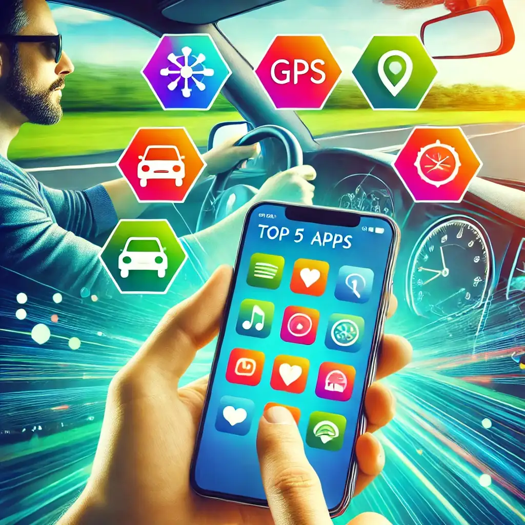 A graphic shows a hand holding a phone labeled Top 5 Apps in front of a bearded driver in sunglasses.
