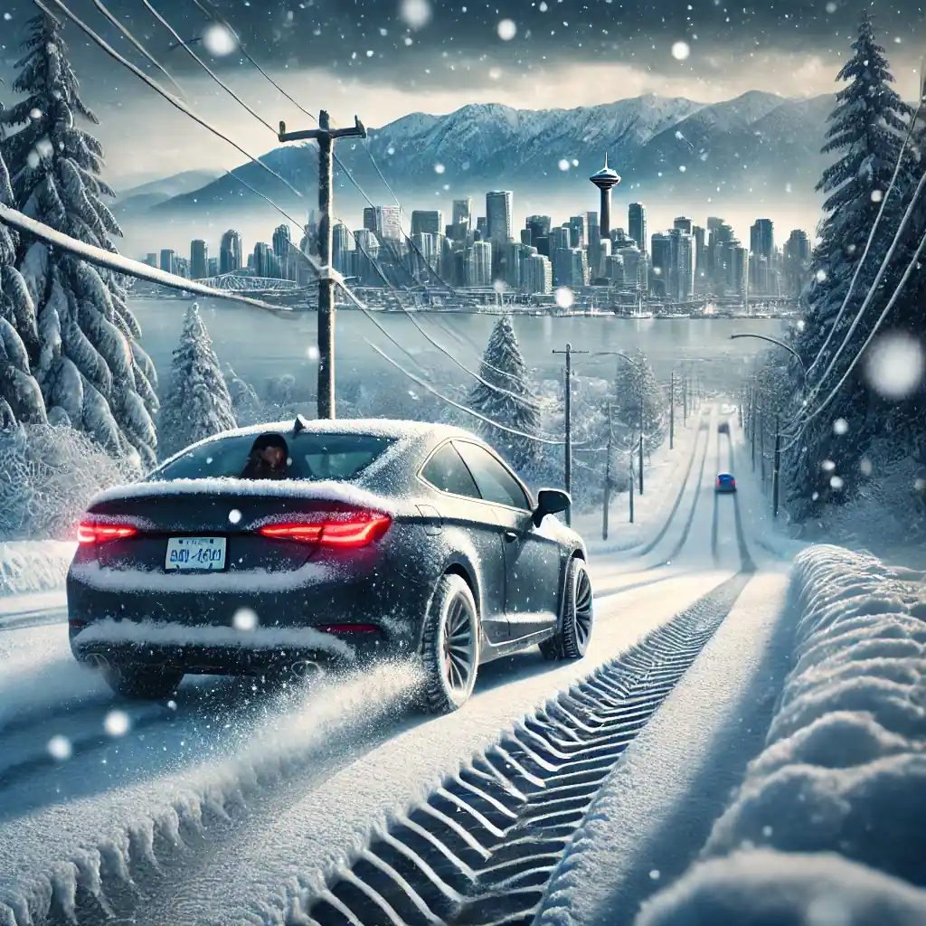 A car drives away on a snowy road toward a downtown skyline and mountains.
