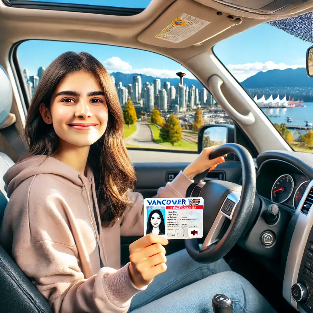 An illustration shows a young woman in a beige hoodie sitting in a car and holding up a Vancouver driver's licence card.