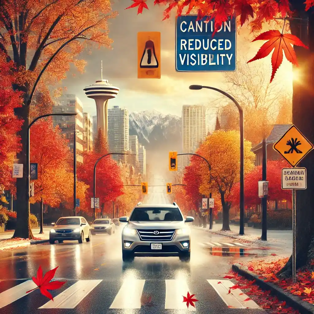 An illustrated rainy autumn street shows a silver SUV at a crosswalk among red maple trees.