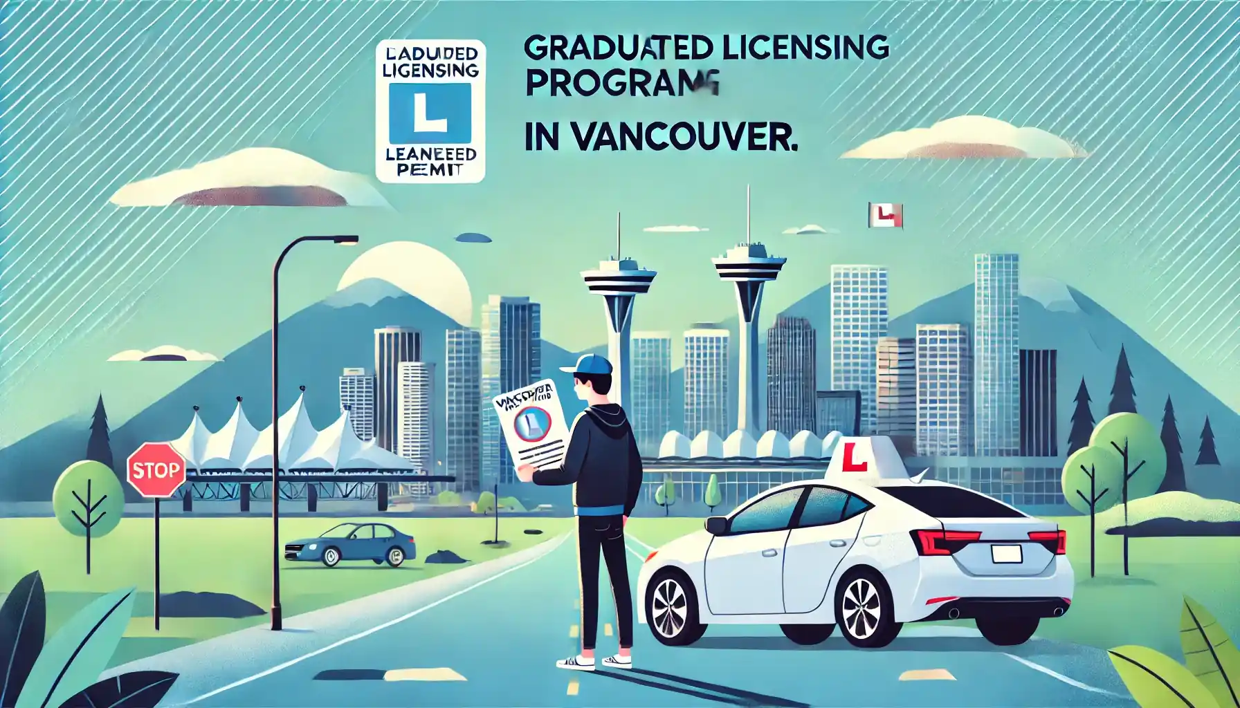 An illustration shows a person in a dark hoodie holding a document beside a white car with a roof sign, in front of a city skyline under a graduated licensing heading.