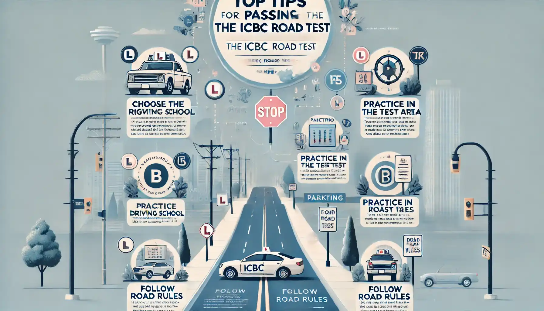An illustrated infographic titled Top Tips for Passing the ICBC Road Test.