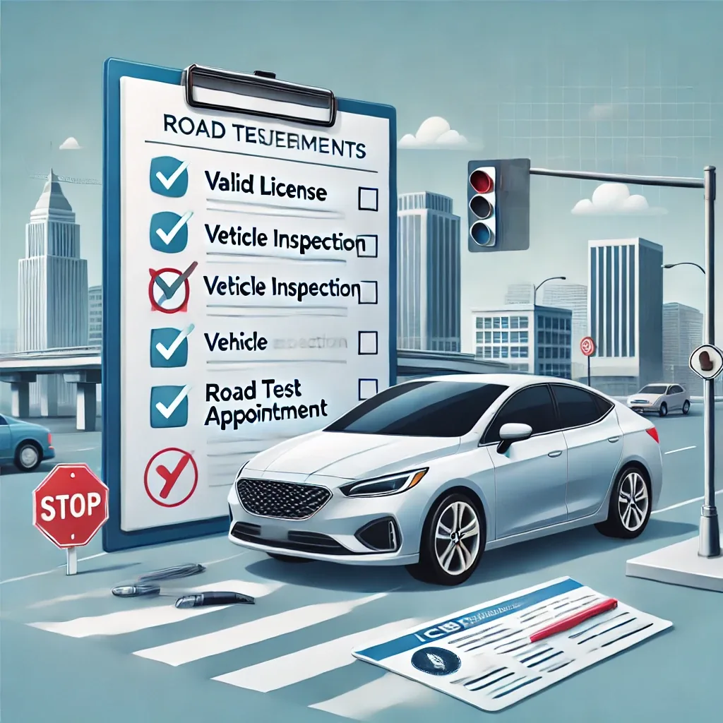 An illustrated silver sedan sits before a giant road-test checklist on a city street with a traffic light and stop sign.