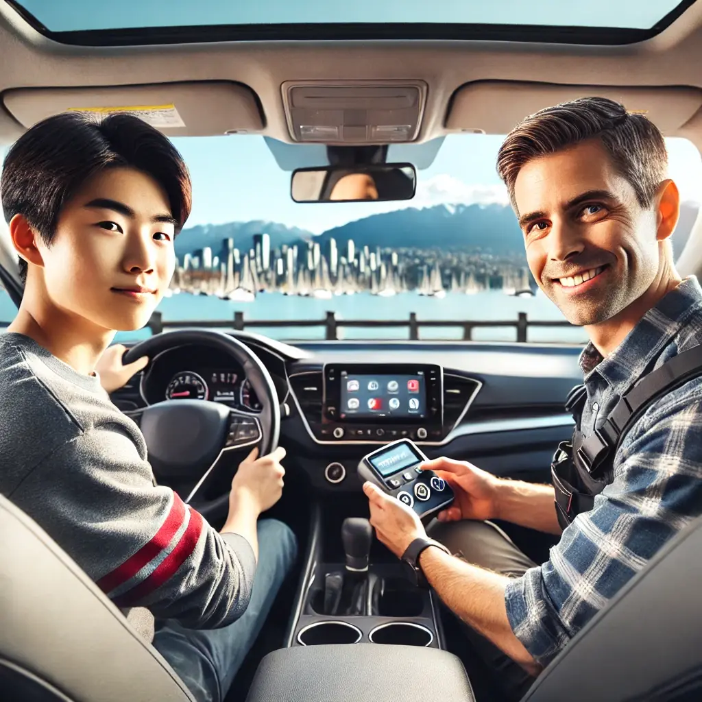A driving instructor holds a small device beside a student at the wheel, with a waterfront city behind them.