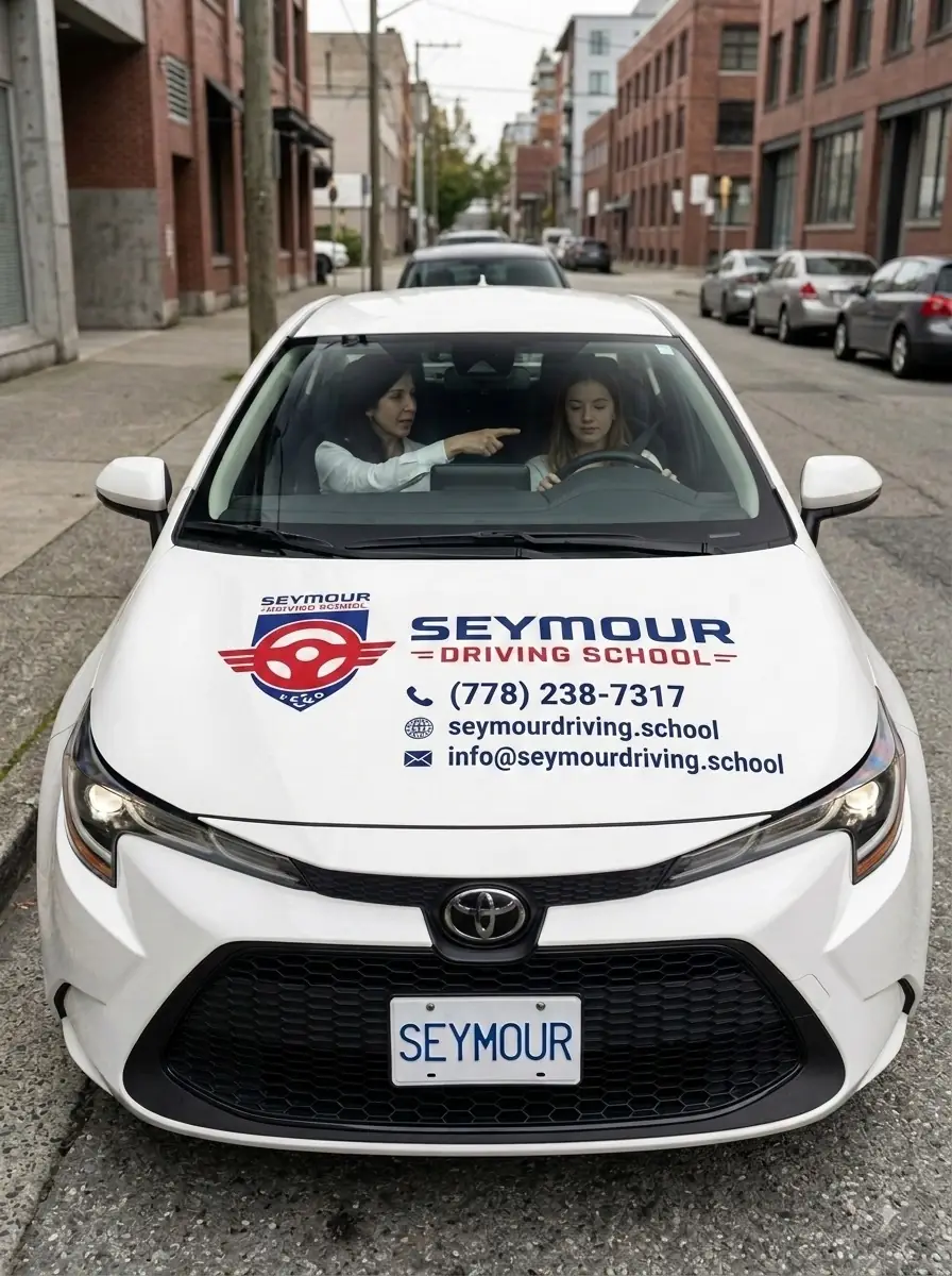 Front view of a white Seymour Driving School Toyota. An instructor in the passenger seat points while a student sits at the wheel.