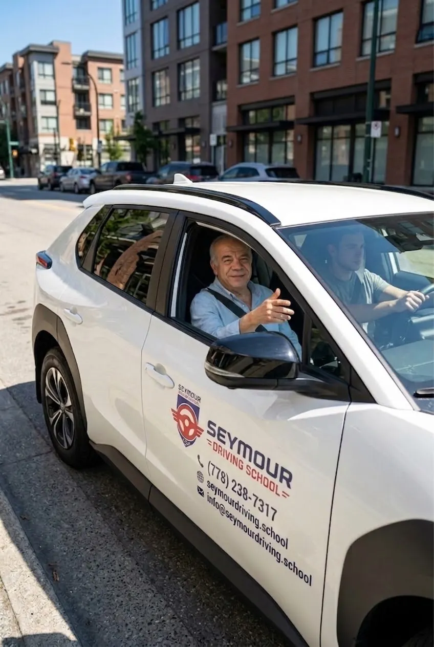 An instructor leans from the passenger window of a white Seymour Driving School SUV and waves, with a student at the wheel.