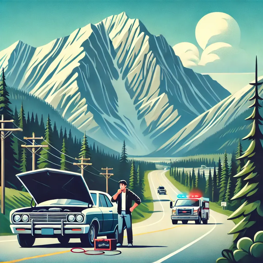 An illustration shows a man in a black jacket beside a vintage teal car with the hood open on a scenic roadside.