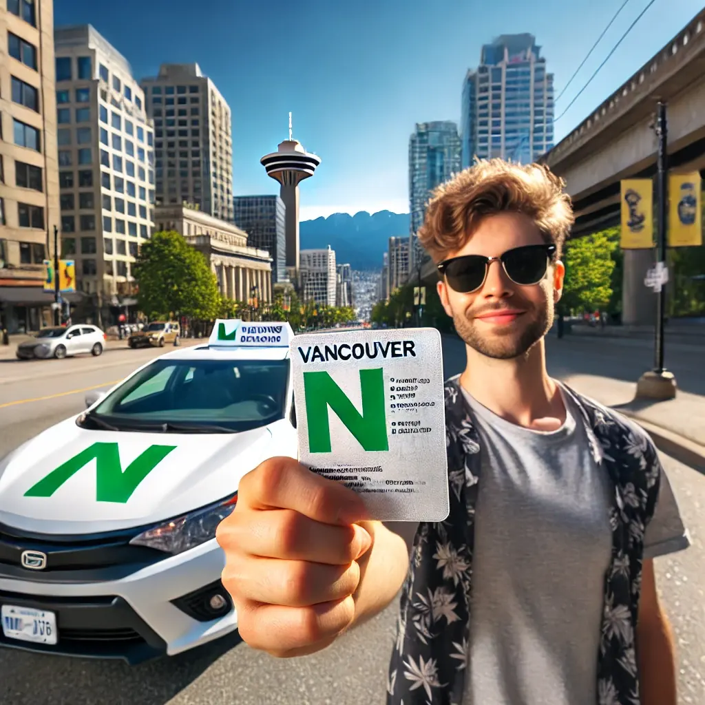 A man in sunglasses, a black jacket, and jeans stands beside a white car with a green N sign in downtown Vancouver.