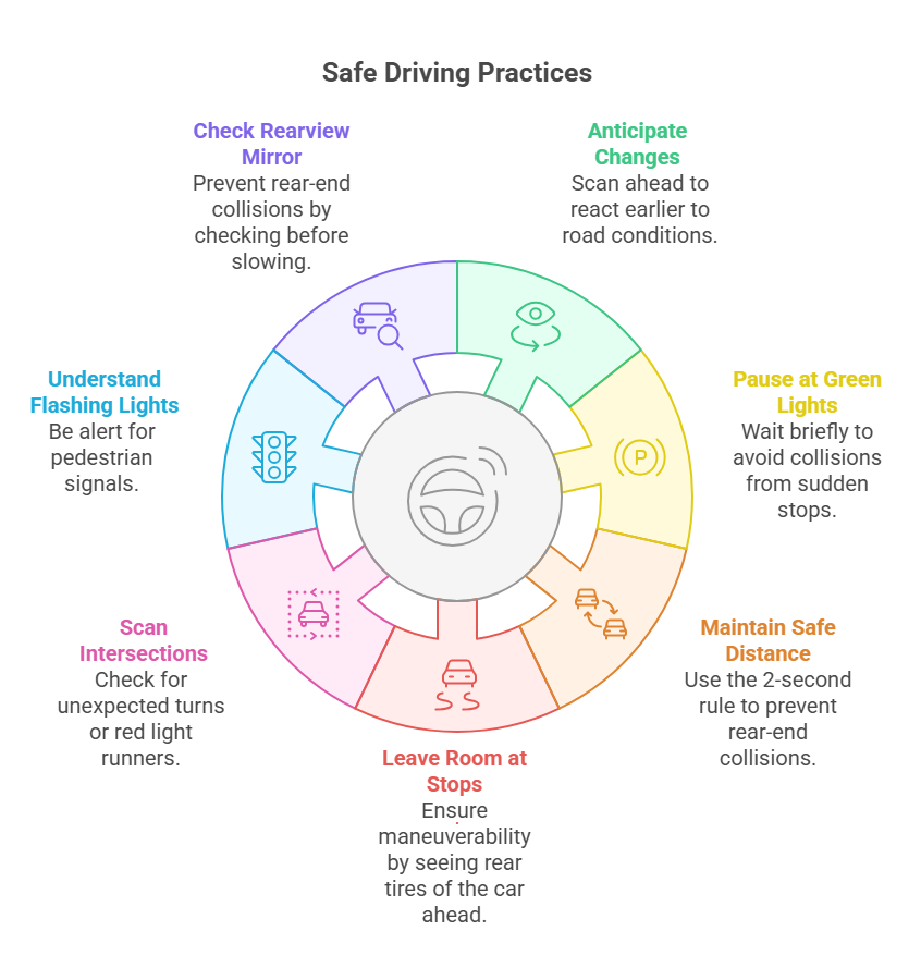 A diagram titled Safe Driving Practices, with eight labeled habits around a steering wheel.