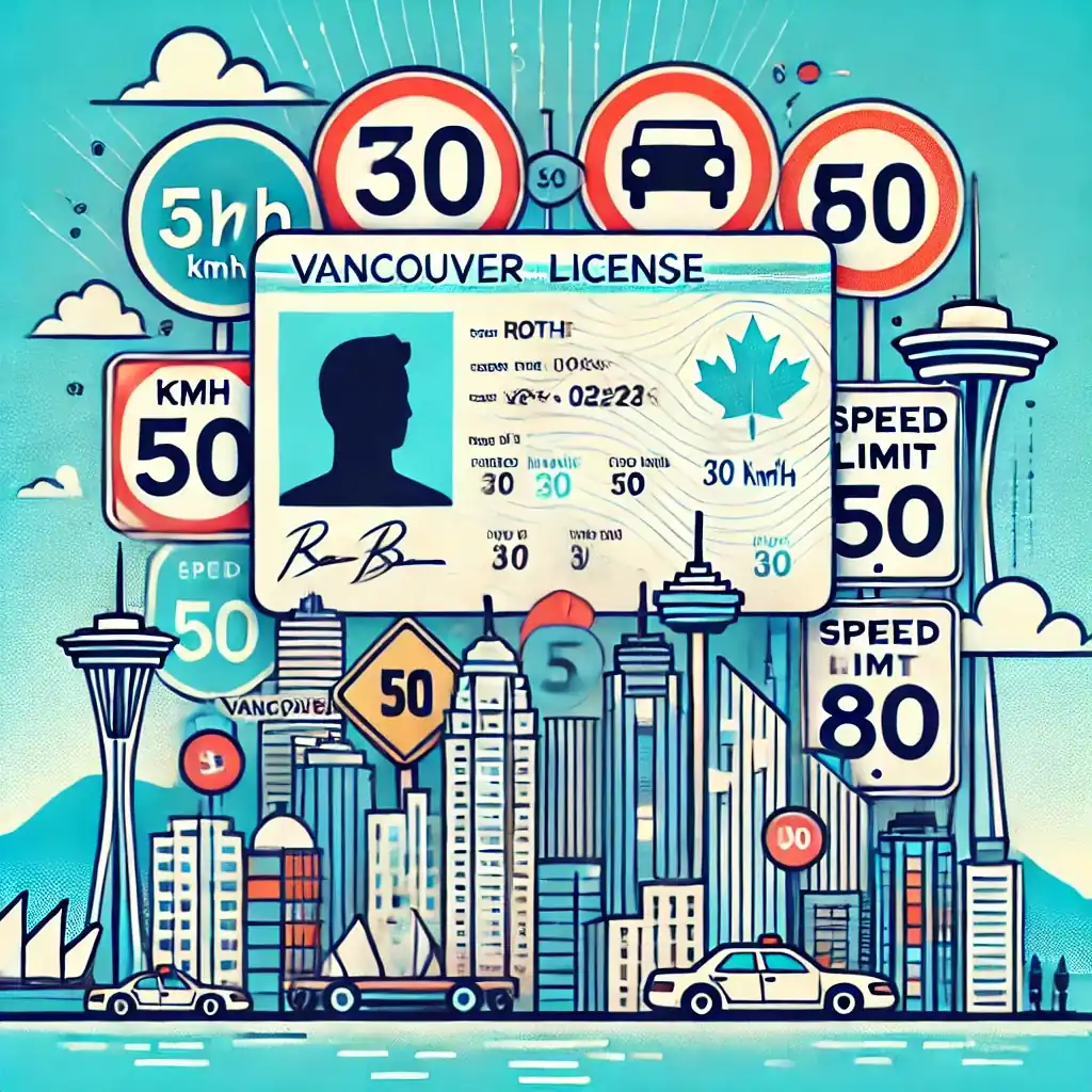 An illustrated licence card with a silhouette and maple leaf sits among speed-limit signs.