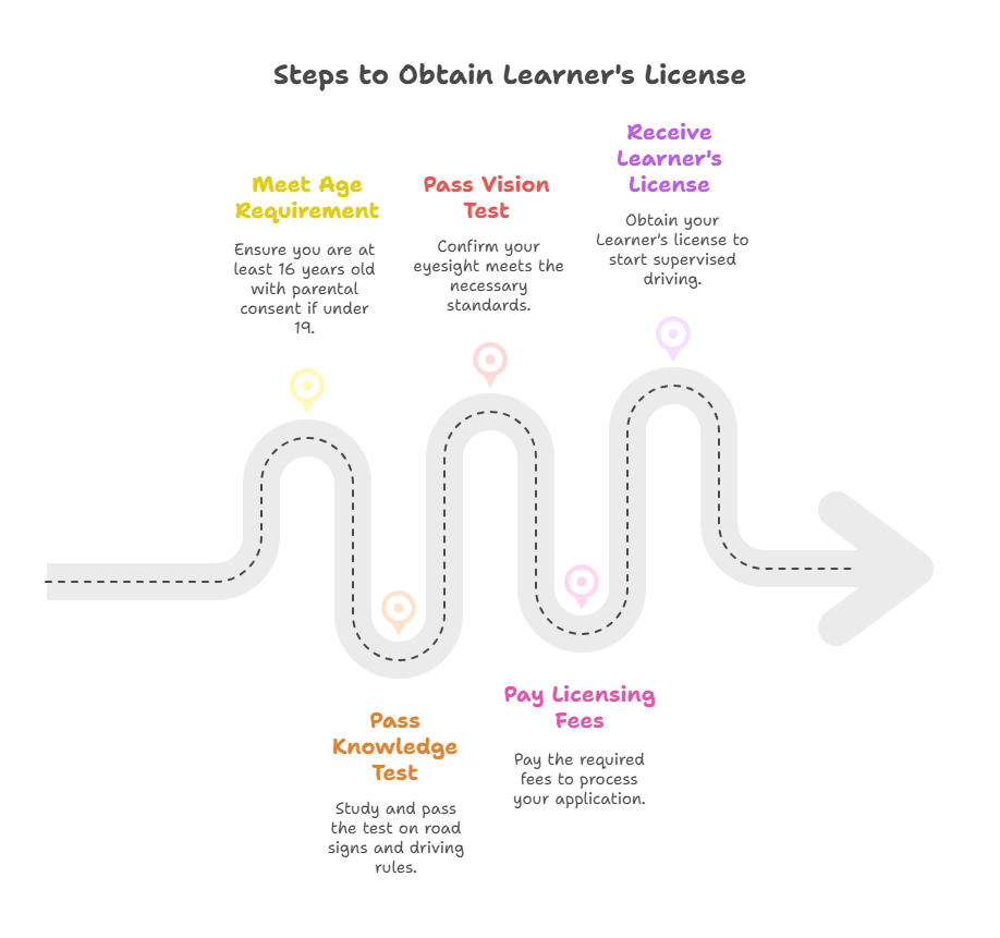 Diagram of the steps to obtain a learner's license, from the age requirement through the knowledge test and fees.