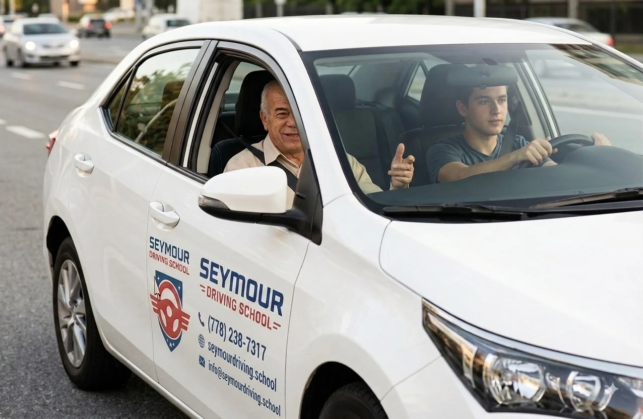 A student at the wheel of a white Seymour Driving School sedan gives a thumbs-up while an instructor sits beside her.