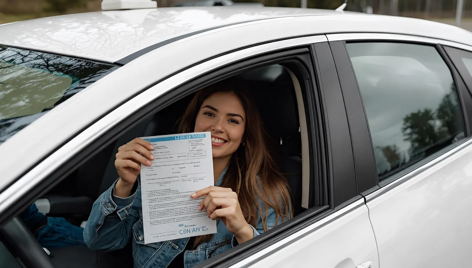 A young woman sits in a white car and holds a form out the window.