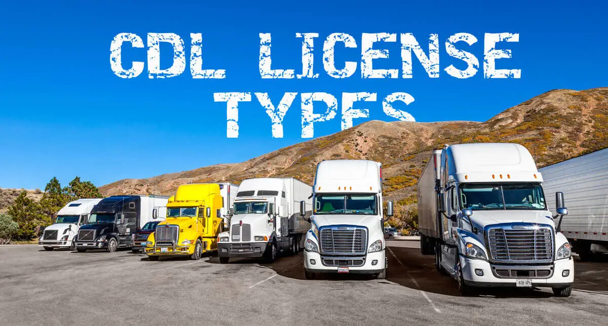 Trucks parked in a row beneath the words CDL license types.
