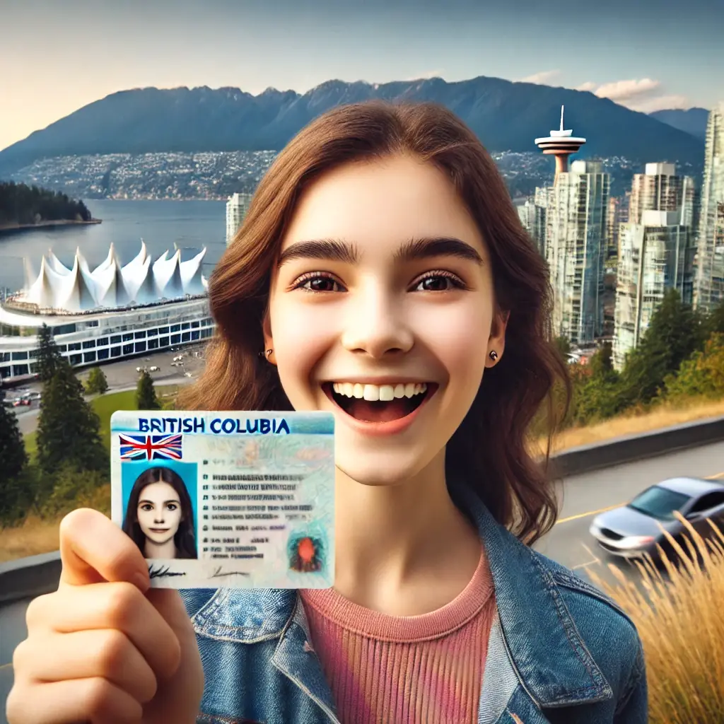 A smiling woman in a denim jacket and pink sweater holds up a British Columbia driver's licence.